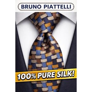 Bruno Piattelli Tie Mens Blue Brown Geometric Pure Silk Made In USA